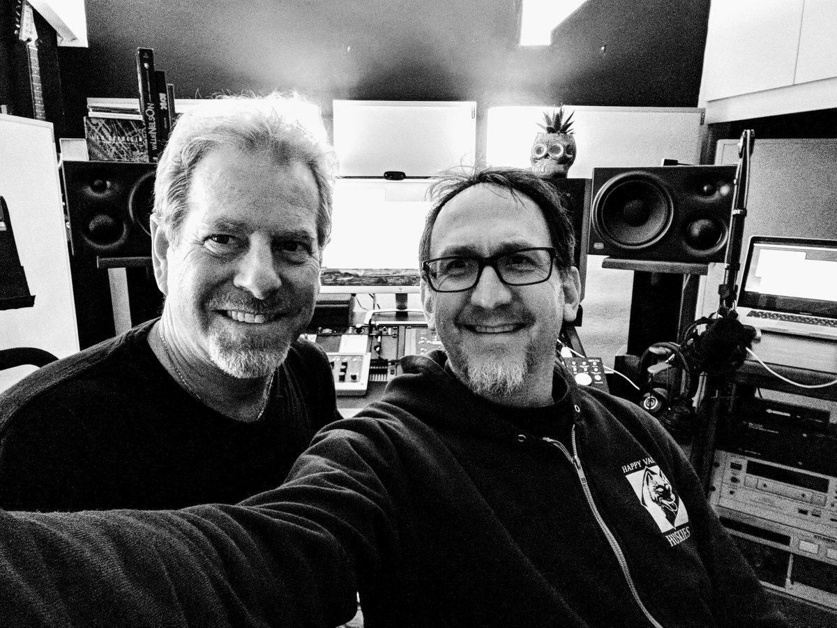 Matt Boudreau and Brad Gillis of Night Ranger taking a selfie in Matt’s mix room.