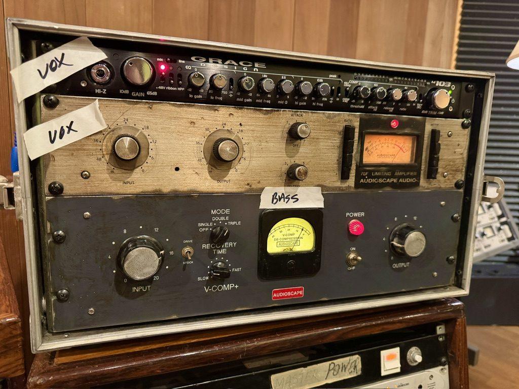 Close-up of the VU meter on an Audioscape 76F limiting amplifier.