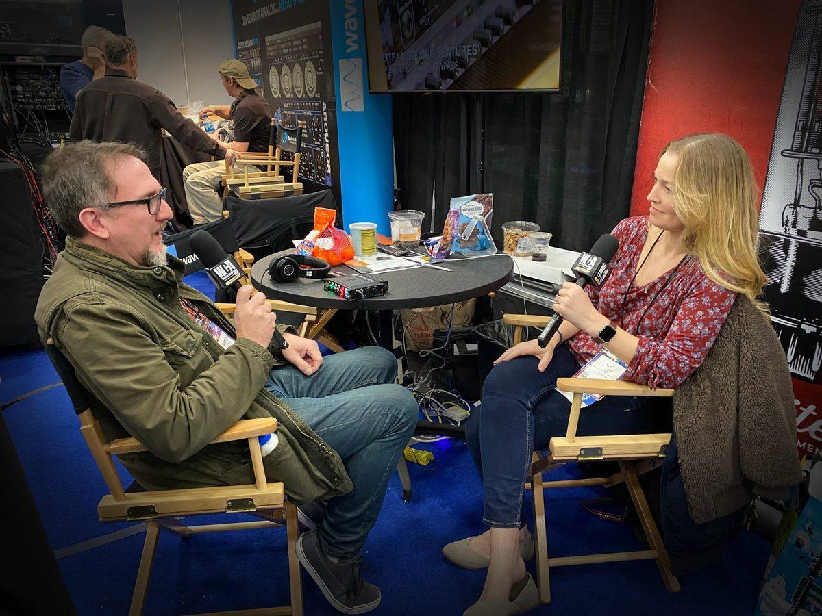 Matt Boudreau interviewing mastering engineer Kim Rosen for Working Class Audio, both holding WCA microphones.